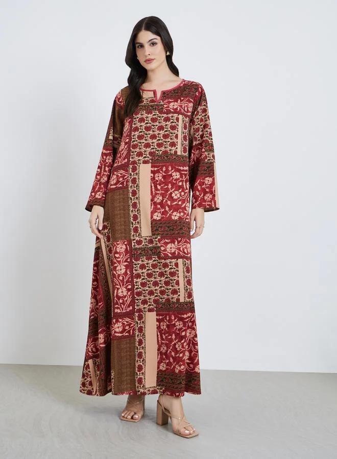 Amirah Women Floral Print Notch Neck A-Line Jalabiya